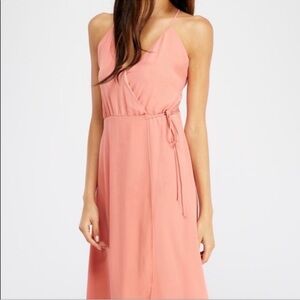Hommage Wrap Midi/Knee Length Dress Sz L Salmon Peach Spaghetti Strap Flared